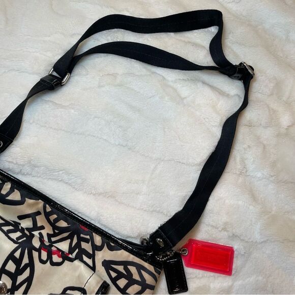 Coach Satin Poppy Black White Red Shoulder Crossbody Bag Adjustable Straps - Picture 12 of 13